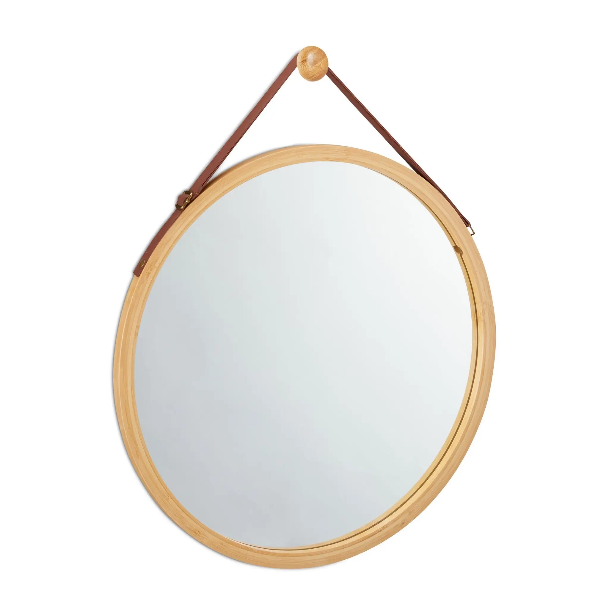 Bathroom Bedroom Solid Bamboo Frame Mirror Adjustable Leather Strap Hanging Round Wall Mirror