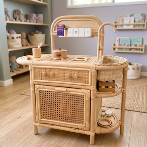 Cuisine miniature en rotin et ensemble de jeu de cuisine pour enfants de 2 à 4 ans, jouet unisexe, mobilier de chambre d'enfant - Product Image 1