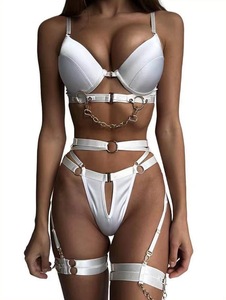 Lingerie sexy en métal avec chaînes ouvertes en vente en gros Lingerie <span class=keywords><strong>Brest</strong></span> soutien-gorge push up porte-jarretelles 3 pièces ensembles Lingerie Femme Sexy - Product Image 3