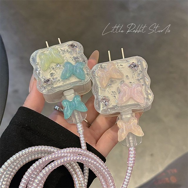 Pink Crystal Butterfly Charging Data Cable Protector Winder Accessories for iPhone 18/20w Cartoon Charger Protective Cover