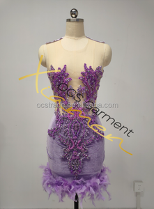 MF Robe Veet à strass scintillant avec plumes sans manches en maille transparente robes de soirée club courtes pour femmes - Product Image 3