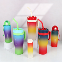 Bouteille d'eau en plastique sans BPA, grande capacité, personnalisable, 3-en-1, avec paille, pour la gym, et gobelets à 3 poignées pour voiture, pour boire directement