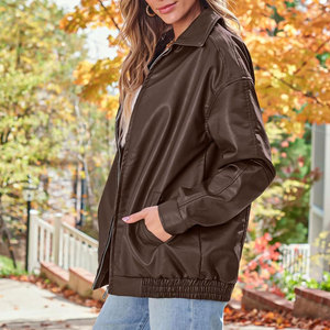 Femmes hiver automne Faux cuir PU Bomber Biker veste fermeture éclair manteau coupe ample Y2k rétro Outwear <span class=keywords><strong>tenue</strong></span> pour dames avec poches - Product Image 6