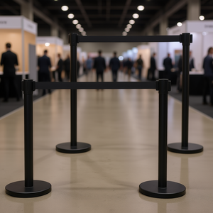 Juego de 6 postes de cola retráctiles negros con cinta de 6.5 pies para gestión de filas en ferias comerciales, construcción de acero - Product Image 2