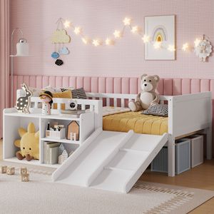 เตียงเด็กไม้เนื้อแข็งสีขาว พร้อมสไลเดอร์และชั้นวางหนังสือสำหรับเก็บของในห้องนอน เฟอร์นิเจอร์สำหรับเด็ก - Product Image 2