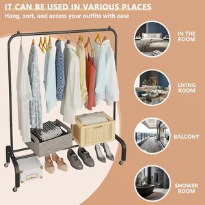 Modern Metal Clothing Rack with Wheels 43.3 Inches 5-<strong>Shelf</strong> 5 <strong>Hooks</strong> Living Room <strong>Coat</strong> Rack-Black Portable Clothing Display Stand - Product Image 4