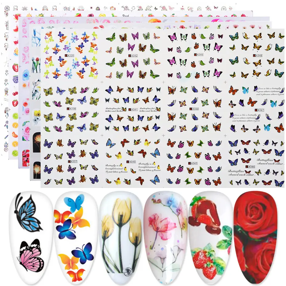 12pcs 3d Hot Selling Decals For Nails Art Decoration Butterfly Rose Flowers Fruit Designs Nail Polish Stickers Gel nagel aufkleber