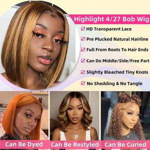 Peluca Bob Rubia Miel Degradada, Cabello Humano con Reflejos, Pelucas con Frente de Encaje HD, Cabello Humano con Reflejos 4/27, Pelucas Frontales de Encaje sin Pegamento - Product Image 3
