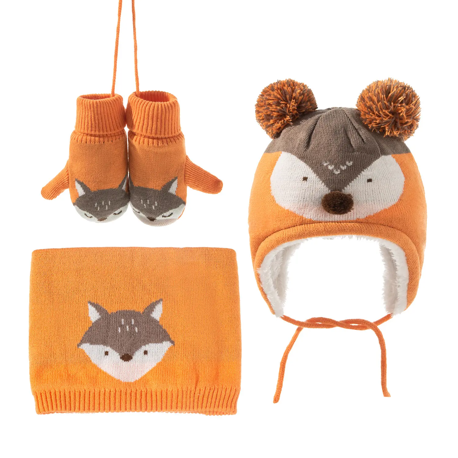 3 Stks/set Cartoon Fox Winter Warm Baby Pom Pom Muts Muts Wanten Sjaal Set Jongen Meisje Fleece Gevoerd Wanten Sjaal Oor Flap Beanie