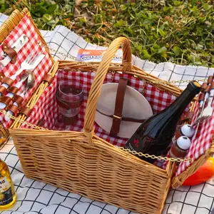 Cesta de Picnic de sauce multifuncional tejida a mano Cesta de mimbre de Picnic natural con tapa de madera plegable