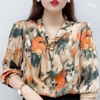 Chemisiers en Chiffon à Manches Courtes pour Femmes Printemps Été Tops Imprimés Floraux Casual avec Col à Noeud Papillon Design Respirant