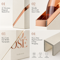 Boîte cadeau unique pour vin mousseux à coupe inclinée, avec couvercle et base, en carton gris spécial avec col intérieur métallisé or rose
