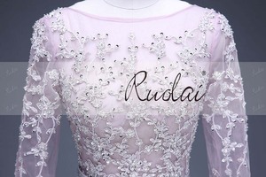 RUOLAI PEV-L3014 özel dantel Rhinestone aplike ile kemer uzun kollu tül elbise mor abiye uzun - Product Image 4