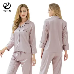 Solid Long Women Satin Pajamas Set Silk Pajama With Pants Long Sleeves Sleepwear 6032