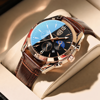 Montre à quartz pour homme POEDAGAR 829 en or rose, bracelet en cuir, étanche, calendrier lumineux, cadran noir, montre sport