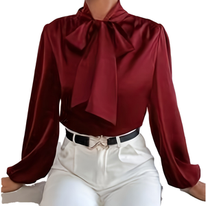Blusa de Verano para Mujer, Cuello con Lazo, Mangas Abullonadas, Estampado Frontal, Transpirable, Ecológica, Elegante, para Oficina, Corte Regular - Product Image 1