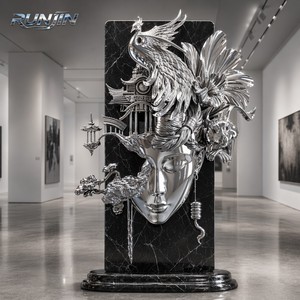 Escultura de Cabeza de <span class=keywords><strong>Fénix</strong></span> Surrealista en Metal Cromado, Estatua Facial Moderna de Acero Inoxidable para Interiores, Tamaños Personalizados para Galerías - Product Image 1