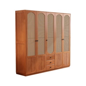Armario de Madera Maciza Estilo Japonés con Ratán, Color Madera de Cerezo, Estilo Nórdico Retro, Puerta con Bisagras, Gran Capacidad, Almacenamiento para Dormitorio - Product Image 4