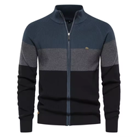 Cardigan tricoté zippé pour homme, personnalisé ODM, en nylon acrylique respirant et infroissable 240 GSM, à rayures, col montant, coupe ajustée, vente en gros