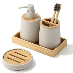 OEM Bathroom Soap Dispenser Toothbrush Holder Soap Dish Tray White Bamboo Wood Bathroom Accessories 4 Pcs Set