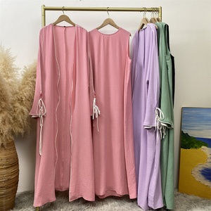 1446+6595# New Popular 2 PCS <b>Set</b> Crepe Split Lace up Sleeves White Line Abaya Match Loose Sleeveless Inner Dress Abaya Dress - Product Image 3