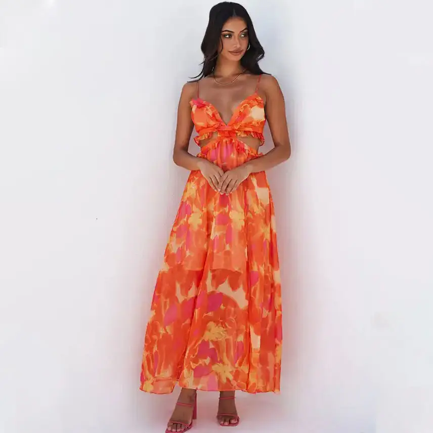 Mode sexy Sommer Chiffon rücken frei Schlitz orange lose Urlaub langes Kleid Freizeit kleid