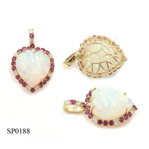 14KY <b>Opal</b> (Heart Shape) 7.34 CT Rhodolite (Round) 1.04 CT White Diamond (Round) 0.35 CT Luxury Charm <b>Pendant</b> 14K Yellow Gold - Product Image 1