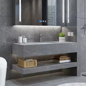 Hiện đại tích hợp Rock slab phòng tắm đôi lưu vực Vanity treo tường bàn trang điểm với bồn rửa nổi gốm tủ đá cẩm thạch - Product Image 4