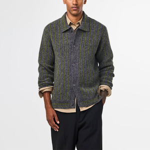 Người Đàn Ông Của Màu Xám Len Pha Trộn Sọc Polo Cổ Áo Đan Áo Len Cardigan Tay Dệt Kim Mờ Cardigan Áo Len Với Ngực Thiết Kế - Product Image 1