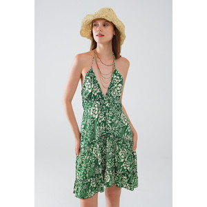 Abito Corto Verde Stile Boho in Raso con Stampa Floreale - Product Image 6