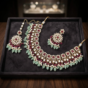 Indian Traditional Antique Gold Plated Kundan Choker Necklace <b>Set</b> Pastel MIX Gemstone Bead Bridal Jewelry <b>Set</b> with Earring - Product Image 2