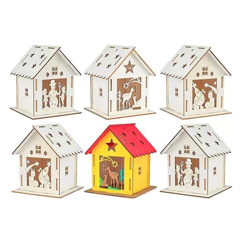 Wooden Christmas Houses for Kids Diy Painting Arts Crafts Xmas Tree House Kit Ornaments Decorations Pendant