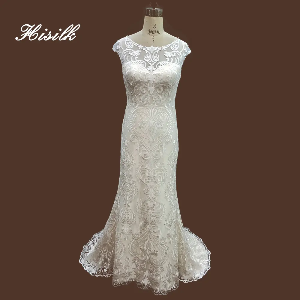 High End Unique sheath French lace wedding dresses with keyhole back short sleeves country style wedding dresses with short tail