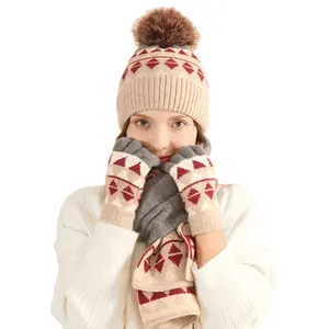 Оптовая продажа, японский Зимний вязаный шарф, шапка из трех частей, толстый теплый, холодный, плюшевый шарф, набор для женщин