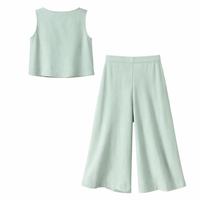 Ensemble deux pièces personnalisable pour femme en lin pur vert menthe, comprenant un haut court sans manches et une culotte large courte, tenue décontractée
