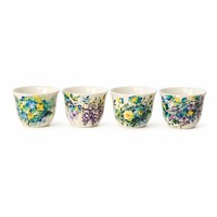 Ensemble de 8 tasses à café en céramique écologiques de luxe avec bordure dorée et argentée, imprimé floral bohème mandala paisley marocain