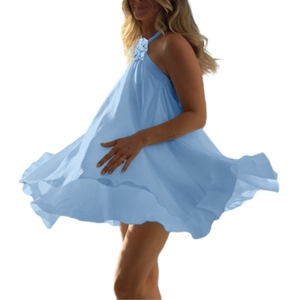 Nuevo Estilo de Verano, Vestido Mini sin Mangas con Cuello Halter y Volantes para Mujer, Color Sólido, Cintura Natural, Impresión Digital, Moda Ecológica - Product Image 2