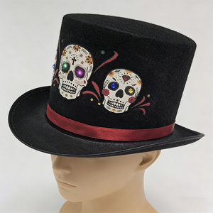 Sombrero de copa negro con estampado de calavera y luces para actuaciones escénicas de Halloween para adultos - Product Image 1