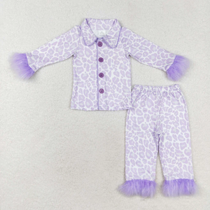 Ensemble pyjama pour enfants filles, haut à manches longues boutonné et pantalon avec bordure en fourrure, tenue de détente 2 pièces, automne et hiver - Product Image 5