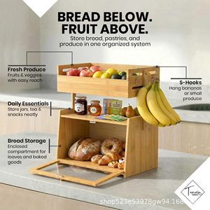 Crown King Bread Box With Fruit Rack Double Layer <b>Storage</b> <b>Kitchen</b> Food Organizer Natural Wood Color - Product Image 2