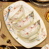 Service de table de luxe en porcelaine fine de style chinois, motif oiseaux et fleurs, bord doré, idéal pour mariages et usage domestique