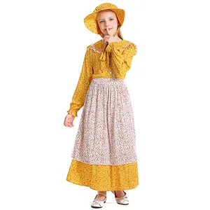 黄色花卉殖民地女孩草地先锋先锋服装田园风格服装