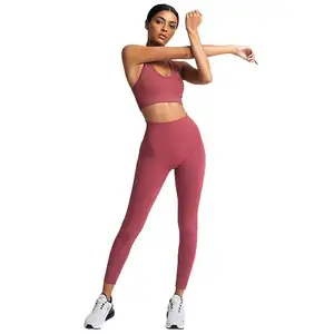 Conjunto de ginástica sem costura feminino, peças conjunto roupa de academia yoga sem costura