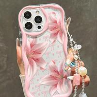 Coque de téléphone portable INS avec motif floral et chaîne pour iPhone 16 15 17 18 Pro Max, motif crème, coque arrière