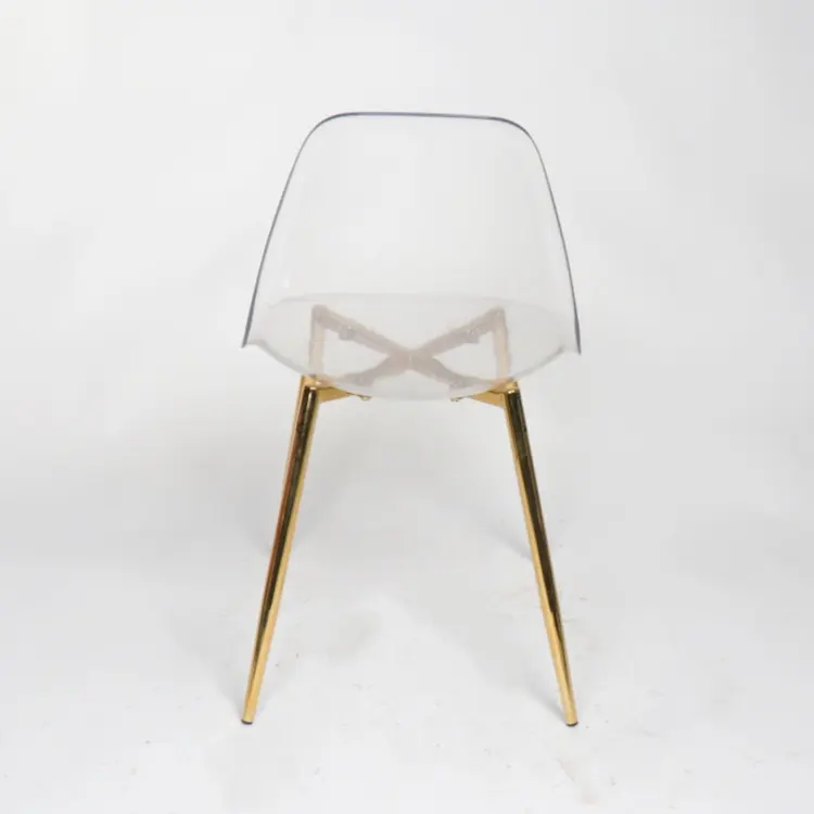 Cadeira de acrílico transparente para sala de estar, cadeira dourada com pernas, design de moda por atacado, cadeiras de jantar de plástico