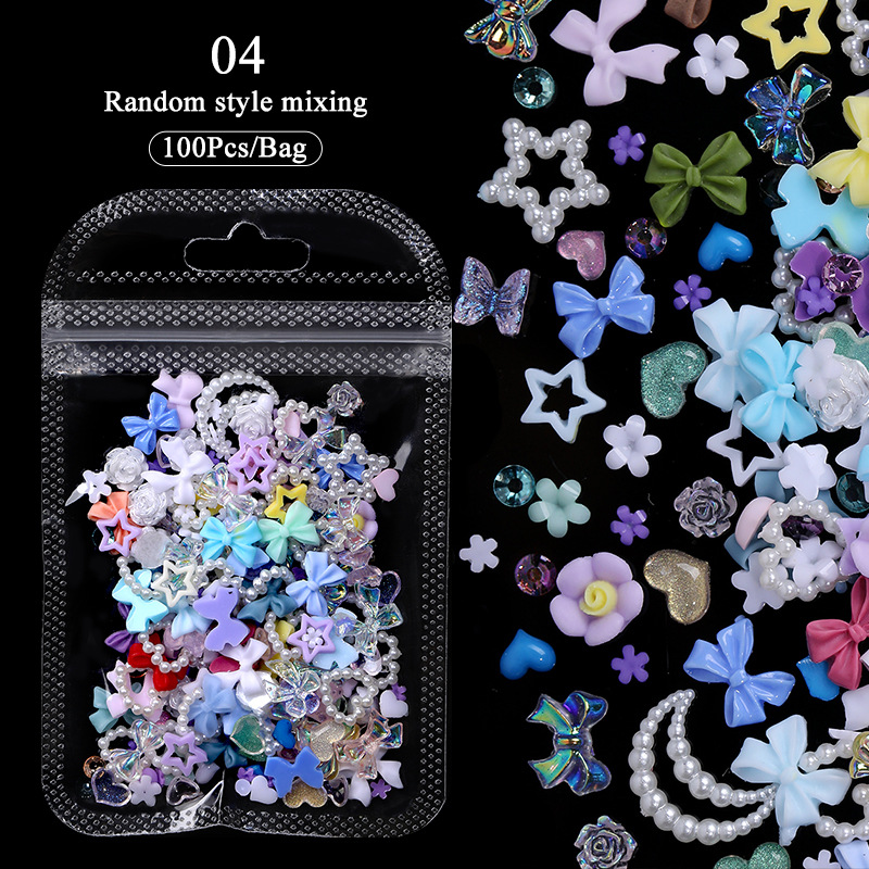 Mix Resin 100pcs/bag Nail Accessories Butterfly Flowers Bow Heart Bear 3D DIY Jewelry Rhinestone Nail Charm Manicure Decoration