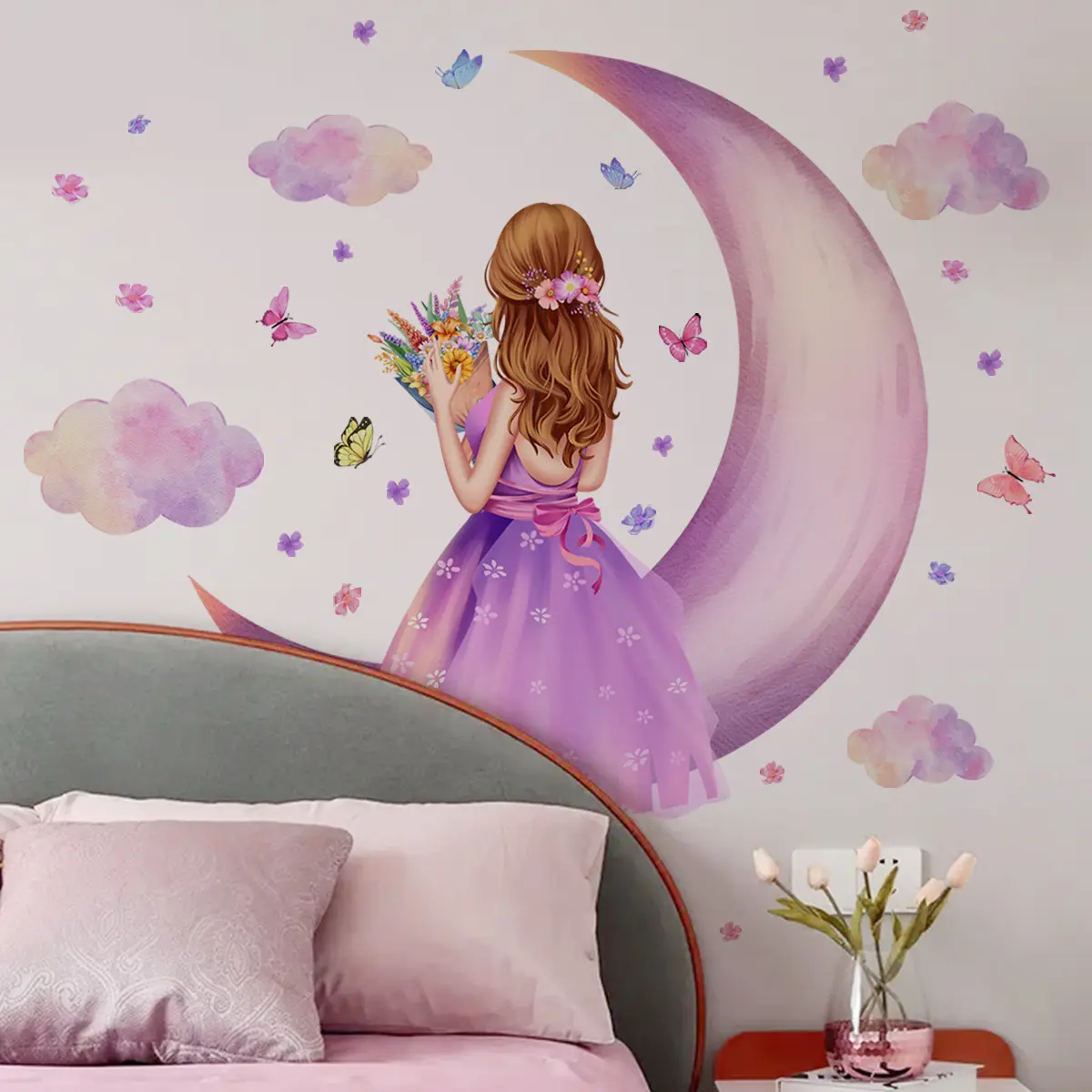 Stiker dinding kupu-kupu bulan gadis stiker dinding PVC berperekat untuk dekorasi rumah