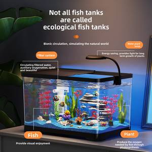 Kit Akuarium Ikan Kura-Kura Rumah Tangga Persegi Panjang dengan Tutup Transparan LED, Akuarium Desktop Air Tawar/Air Asin, Area Berjemur, Ruang Tamu, Balkon - Product Image 1