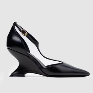 Sandales à bout pointu pour femmes avec brides en T, sexy, à boucles de cheville, talons compensés hauts, escarpins d'été découpés - Product Image 5