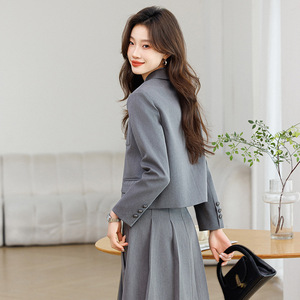 Grey Women's Suit Set Midi Skirt Three Quarter Sleeve Office Lady Anti-Wrinkle Polyester Worsted Formal Wear - Product Image 5